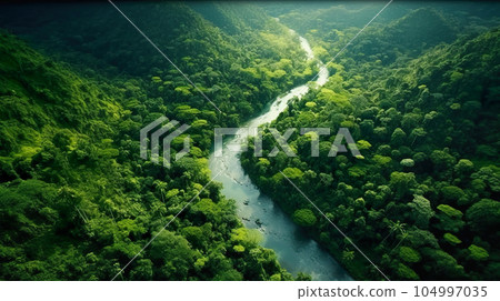 Tropical rainforest jungle and river seen from above "AI generated image" Tropical rainforest jungle and river seen from above "AI generated image" 104997035