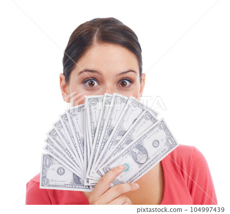 Finance, money and winner with portrait of woman for investment and success in studio. Cash, dollar and wow with face of girl customer isolated on white background for financial, deal and promotion 104997439