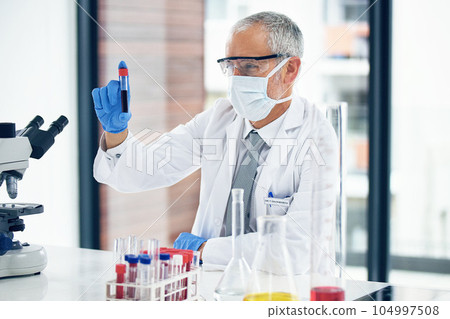 Science, scientist and doctor with a vaccine in a blood test with results of medical exam in lab or laboratory. Medicine, research and healthcare man or chemistry professional with solution for covid Science, scientist and doctor with a vaccine in a blood test with results of medical exam in lab or laboratory. Medicine, research and healthcare man or chemistry professional with solution for covid 104997508