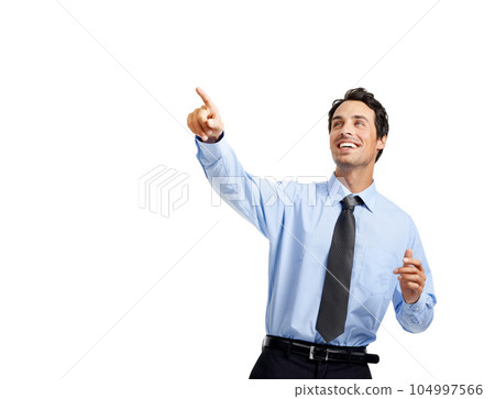 Excited businessman, hands or pointing on studio background on advertising space or marketing mock up for branding. Smile, happy or worker finger in opinion, vote or promotion deal gesture on mockup 104997566