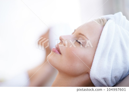 Spa, luxury and woman with massage, relax and stress relief with wellness, cosmetics and salon treatment. Female person, client or lady with grooming, skincare and customer on a weekend break or trip Spa, luxury and woman with massage, relax and stress relief with wellness, cosmetics and salon treatment. Female person, client or lady with grooming, skincare and customer on a weekend break or trip 104997601