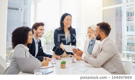 Discussion, tablet and business people in a meeting in the office planning a corporate proposal. Teamwork, tech and professional team in collaboration working on project with mobile in workplace 104997669