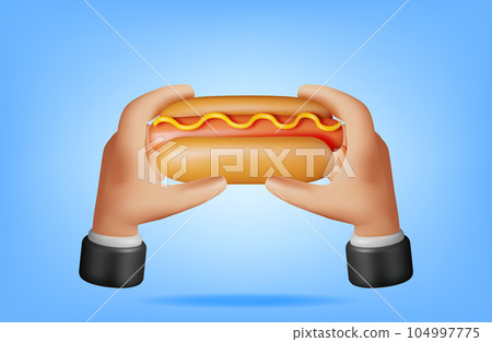 3D Hot Dog with Mustard in Hand 3D Hot Dog with Mustard in Hand 104997775