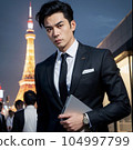 Cool office workers and businessmen working with Tokyo Tower in the background 104997799