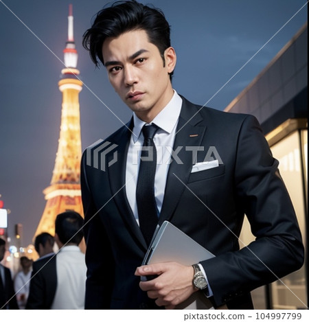 Cool office workers and businessmen working with Tokyo Tower in the background 104997799