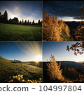 The sun setting over the hills of autumn leaves 104997804