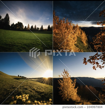 The sun setting over the hills of autumn leaves The sun setting over the hills of autumn leaves 104997804