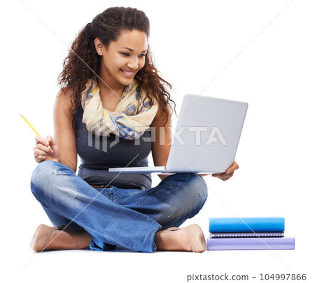 Student, laptop and smile learning with books or studying in studio for university education, knowledge and internet research. Young black woman, planning or reading college notes on tech device 104997866