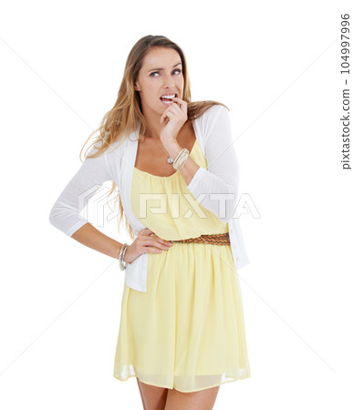 Nervous, scared and woman biting fingernails for anxiety, mistake and fear with bad habit. Stress, worry and surprise with isolated girl feeling embarrassed for overwhelmed, pressure and insecure 104997996