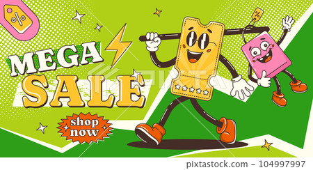 Mega sale banner, retro groovy discount coupon character goes with sale bag. Shop now. Vector pop art background with halftone, abstract geometric shapes. For business, advertising, poster 104997997