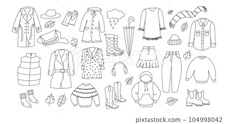 Women capsule autumn wardrobe line set. Casual clothes. Autumn, winter apparels, shoes and accessories. Women capsule autumn wardrobe line set. Casual clothes. Autumn, winter apparels, shoes and accessories. 104998042