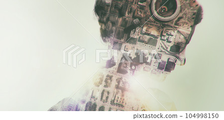 Double exposure, city and woman face with cityscape and neighborhood with mockup. Female person, urban houses and creative art overlay with silhouette and outdoor building background from top view 104998150