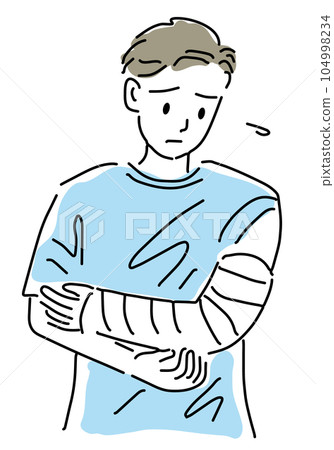 Simple line drawing illustration of a man with a broken arm Simple line drawing illustration of a man with a broken arm 104998234