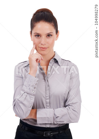 Entrepreneur, focus and portrait of business woman feeling confident, assertive and isolated in a studio white background. Corporate, professional and female worker or employee ready for work 104998279