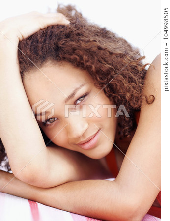 Sexy and cute. Relax, smile and happy with portrait of woman for confidence, positive and pride. Happiness, natural and carefree with face of female smiling for cheerful, calm and peaceful on break. 104998505