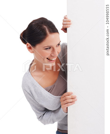Billboard, mockup and happy studio woman with promotion sign, advertising information placard or commercial poster. Happiness, branding promo space or female person smile isolated on white background Billboard, mockup and happy studio woman with promotion sign, advertising information placard or commercial poster. Happiness, branding promo space or female person smile isolated on white background 104998555