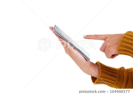 Woman, hand and phone in studio with screen, communication and typing by white background. Model, using phone and isolated for cellphone technology, networking and texting with digital mobile tech Woman, hand and phone in studio with screen, communication and typing by white background. Model, using phone and isolated for cellphone technology, networking and texting with digital mobile tech 104998577