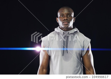 Fitness, workout and portrait of black man with sweat On dark background for running, exercise and training. Sports mockup, serious face and male person with light, dedication and motivation or focus Fitness, workout and portrait of black man with sweat On dark background for running, exercise and training. Sports mockup, serious face and male person with light, dedication and motivation or focus 104998617