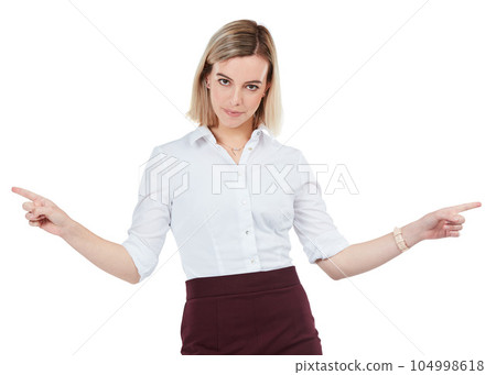 Business woman, hands point and portrait of a corporate worker white isolated white background. Direction hand gesture, model and standing female with corporate clothes and style with mockup Business woman, hands point and portrait of a corporate worker white isolated white background. Direction hand gesture, model and standing female with corporate clothes and style with mockup 104998618