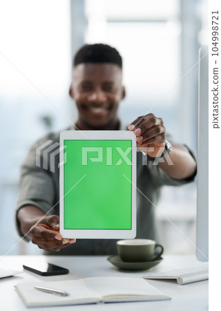 Businessman, hands and tablet with green screen for advertising, marketing or branding at office. Hand of Black man holding technology with chromakey display for advertisement, brand or mockup space Businessman, hands and tablet with green screen for advertising, marketing or branding at office. Hand of Black man holding technology with chromakey display for advertisement, brand or mockup space 104998721