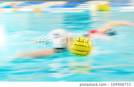 Water polo, speed and athlete in swimming pool training, exercise and fitness game in motion blurred background. Fast professional swimmer person with ball in competition, challenge stroke or action 104998733