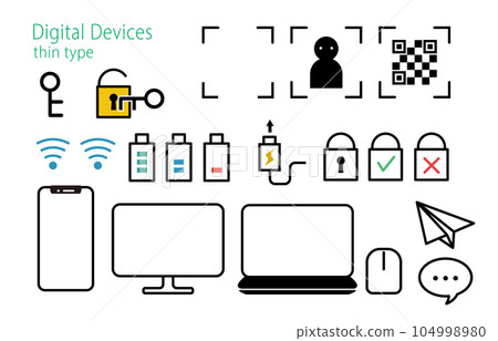 Illustration set of icons related to digital equipment (ruled lines narrow) Illustration set of icons related to digital equipment (ruled lines narrow) 104998980