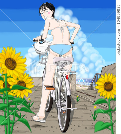 Bikini swimsuit girl riding a bicycle 28 helmet left 104999053