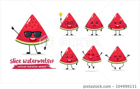 cute slice watermelon wear sunglasses different activity expression emotion. fruit with many activity vector illustration flat design. cute slice watermelon wear sunglasses different activity expression emotion. fruit with many activity vector illustration flat design. 104999131