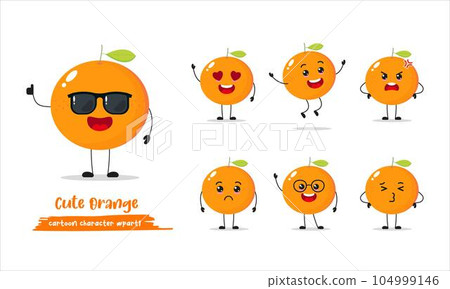 Cute happy orange tangerine wear sunglasses character. Funny fruit emoticon in flat style. Different Face Expression Emoji vector illustration. 104999146