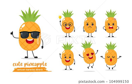 Cute yellow happy pineapple wear sunglasses character. Funny fruit emoticon in flat style. Different Face Expression Emoji vector illustration. Cute yellow happy pineapple wear sunglasses character. Funny fruit emoticon in flat style. Different Face Expression Emoji vector illustration. 104999150