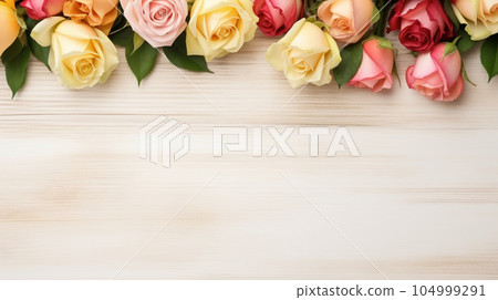 Background with wooden boards and rose flowers AI image 104999291