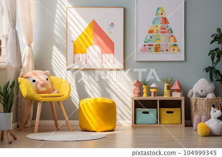 Wooden crate and yellow pouf in colorful kid's playroom interior with poster and patterned stool Wooden crate and yellow pouf in colorful kid's playroom interior with poster and patterned stool 104999345