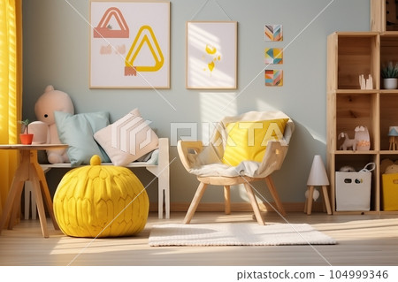 Wooden crate and yellow pouf in colorful kid's playroom interior with poster and patterned stool Wooden crate and yellow pouf in colorful kid's playroom interior with poster and patterned stool 104999346