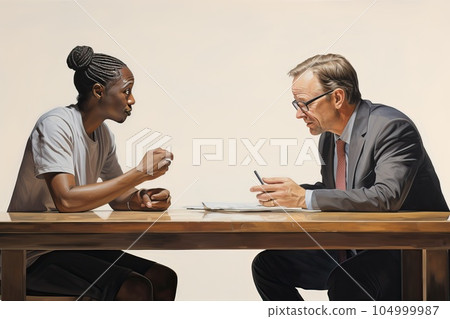 An African-American woman in the process of consulting with a lawyer due to an insured event. 104999987