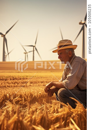 Photorealistic image of a farmer sitting in a wheat field. Photorealistic image of a farmer sitting in a wheat field. 105000235