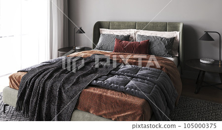 Home interior horizontal banner panoramic background. Cozy green with orange bedroom. Natural furniture and black table. Modern boho style. 3d rendering. High quality 3d illustration Home interior horizontal banner panoramic background. Cozy green with orange bedroom. Natural furniture and black table. Modern boho style. 3d rendering. High quality 3d illustration 105000375