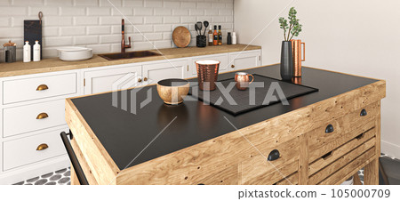 White cooking interior with island and countertop. Cupboard and kitchenware on deck. Modern scandinavian kitchen with morocco tile floor on countryside. 3d rendering. High quality 3d illustration 105000709