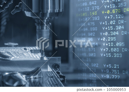 Abstract scene the CNC milling machine rough cutting the injection mold parts and G-code data background. Abstract scene the CNC milling machine rough cutting the injection mold parts and G-code data background. 105000953