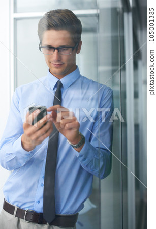 Phone, communication and business man typing, texting and search web, online app or website. Research, corporate and professional person on cellphone, mobile application or message social media user 105001385