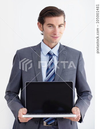 Laptop screen, mockup and portrait of business man in studio for website, email and administration. Happy, smile and technology with employee on white background for corporate, internet or networking Laptop screen, mockup and portrait of business man in studio for website, email and administration. Happy, smile and technology with employee on white background for corporate, internet or networking 105001481