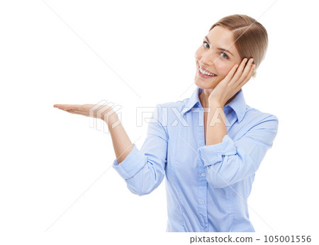 Happy, business and portrait of woman with product placement for positive solution, choice and decision. Happiness of attractive corporate worker for marketing promo in white studio with mockup. 105001556