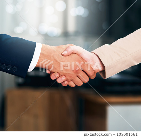 Handshake, agreement and business people with deal, partnership or collaboration. Shaking hands, cooperation and employees with opportunity, acquisition or b2b negotiation, congratulations and mockup 105001561