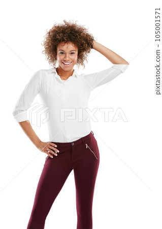 Portrait, fashion and mock up with a model black woman in studio isolated on a white background for advertising. Marketing, branding and style with an attractive young female posing on blank space 105001571