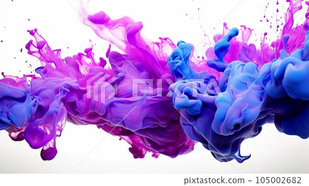 Colorful acrylic paint color in water isolated on white, multicolor ink drop sputter splashing underwater, smoke, wave, creativity, fashion, beauty, abstract background. Generative AI 105002682