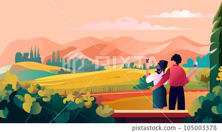 couple drinking wine and enjoying landscape view of green meadow shores nature tourism couple drinking wine and enjoying landscape view of green meadow shores nature tourism 105003378