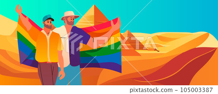 guys couple with lgbt rainbow flag standing together near pyramids in desert gay lesbian love parade pride festival transgender love guys couple with lgbt rainbow flag standing together near pyramids in desert gay lesbian love parade pride festival transgender love 105003387
