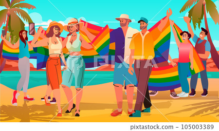 people with lgbt rainbow flag standing together on tropical beach gay lesbian love parade pride festival transgender love people with lgbt rainbow flag standing together on tropical beach gay lesbian love parade pride festival transgender love 105003389