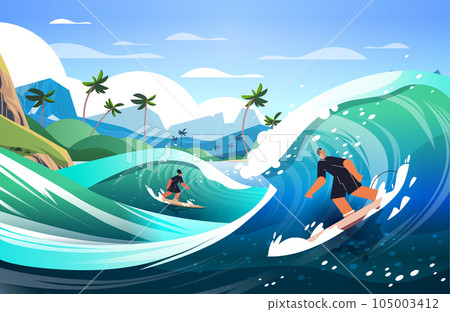 man woman in swimwear riding surf boards by sea or ocean waves surfing sport summer activity concept man woman in swimwear riding surf boards by sea or ocean waves surfing sport summer activity concept 105003412