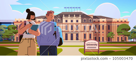 students couple walking at campus yard education concept people standing in front of university building students couple walking at campus yard education concept people standing in front of university building 105003470