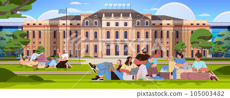 mix race students group using laptops at campus yard education concept people studying outdoor in front of university building mix race students group using laptops at campus yard education concept people studying outdoor in front of university building 105003482